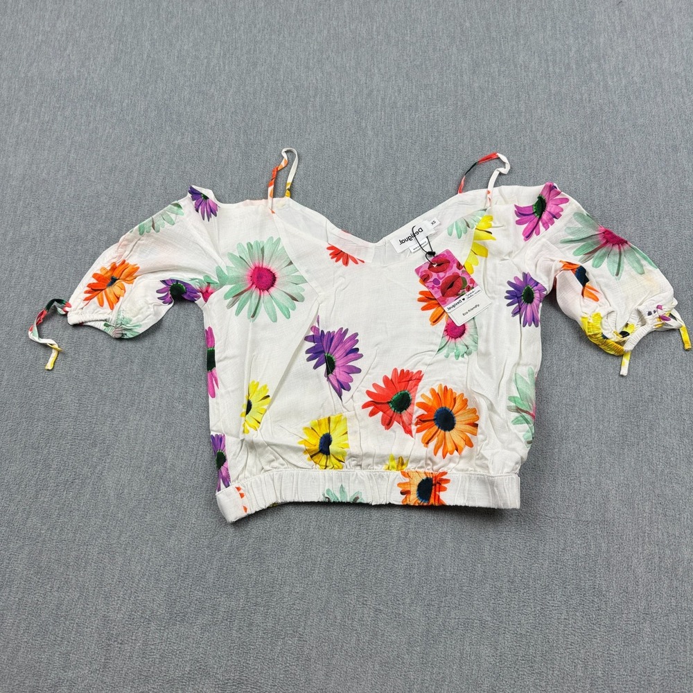 Desigual Top Womens XS White Floral Short Gathered Blouse Cropped Boho‎ Chic NWT